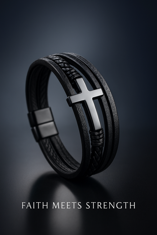 Braided Leather Faith Bracelet with Cross Charm, Black