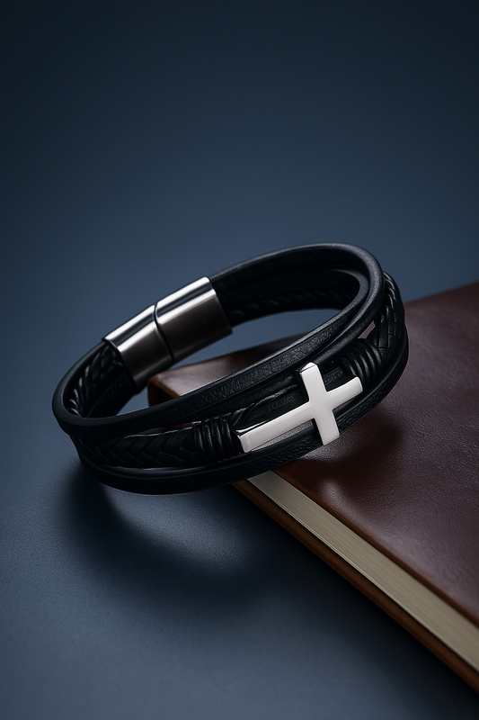 Braided Leather Faith Bracelet with Cross Charm, Black