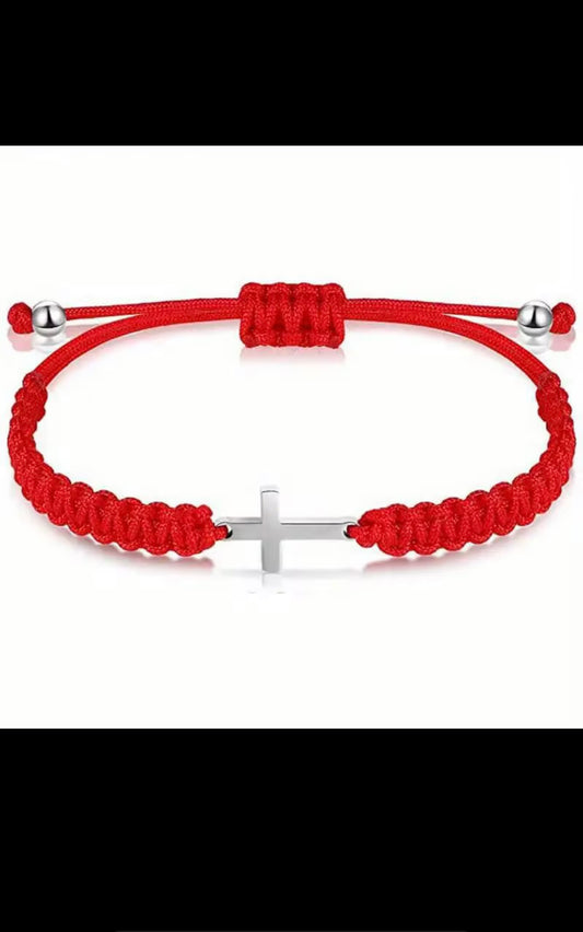 Christian Red String Cross Bracelet – Stainless Steel Woven Rope Faith Bracelet, Religious Gift for Men & Women.