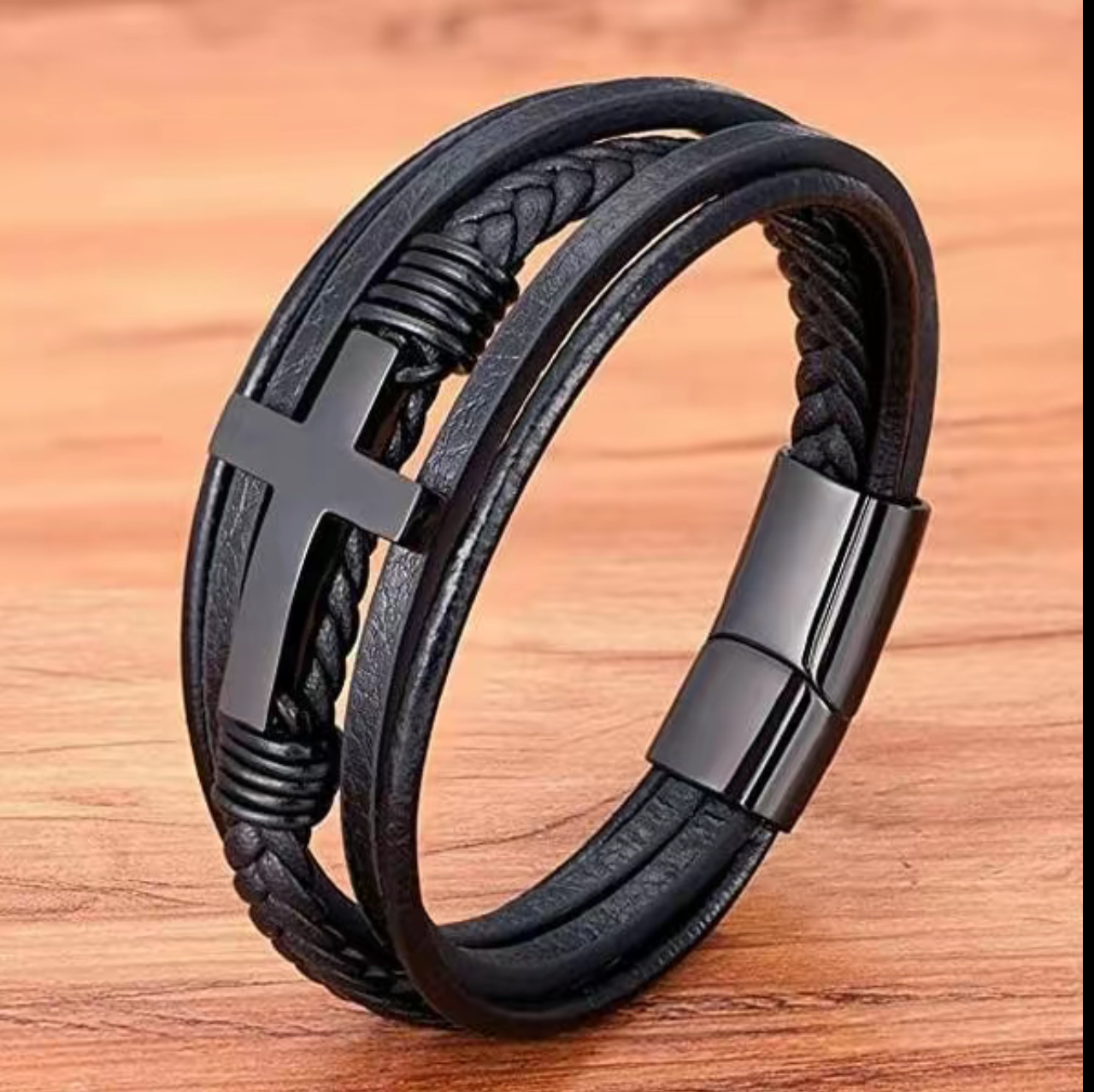 Braided Leather Faith Bracelet with Cross Charm, Black