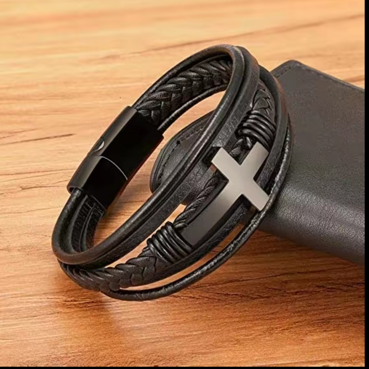 Braided Leather Faith Bracelet with Cross Charm, Black