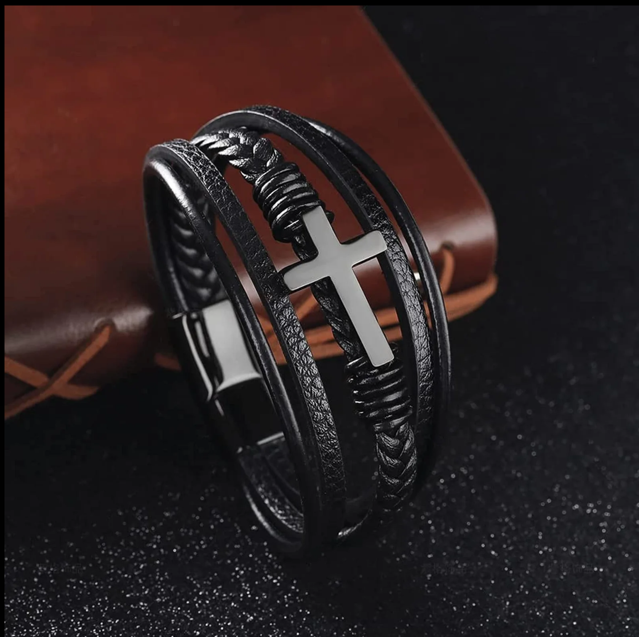 Braided Leather Faith Bracelet with Cross Charm, Black