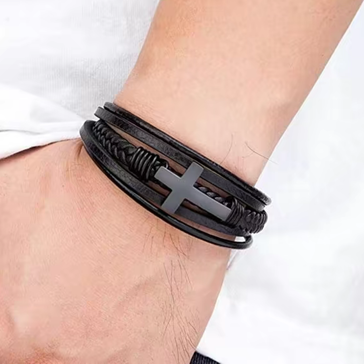 Braided Leather Faith Bracelet with Cross Charm, Black