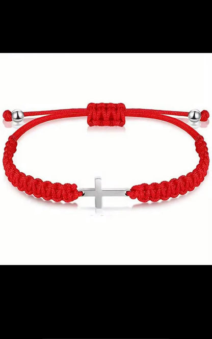 Christian Red String Cross Bracelet – Stainless Steel Woven Rope Faith Bracelet, Religious Gift for Men & Women.